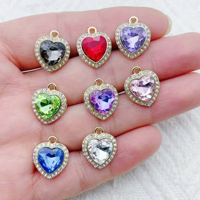 Jewelry Making Brass - จี้รูปหัวใจฝังพลอยหลากสี 10 ชิ้น, เครื่องประดับ DIY สไตล์สดใส,