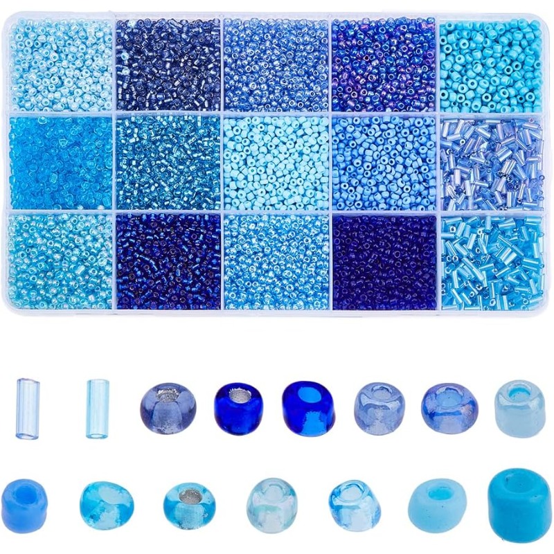 Seed Bead Tube - 15000 ชิ้น 15 รูปแบบลูกปัดสีฟ้าสีอบลูกปัดแก้วลูกปัดแก้วขนาดเล็กโปร่งใสลูกปัดชุดสําหรับ DIY เครื่องประดับ